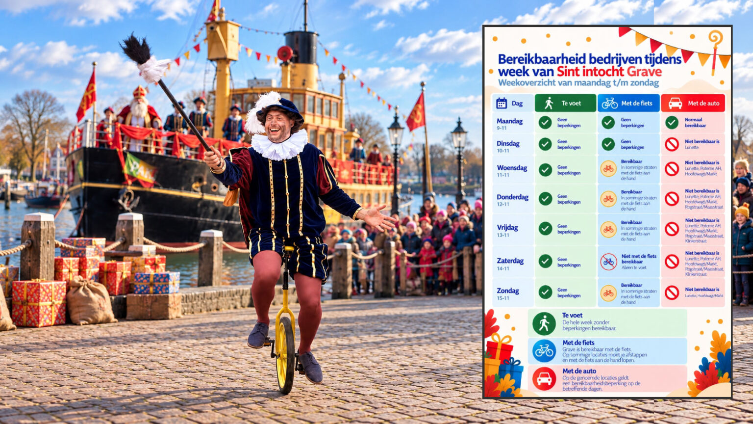 Sinterklaasintocht in Grave met Piet en stoomboot